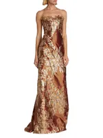 Strapless Applique Brocade Gown