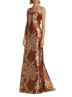 Strapless Applique Brocade Gown