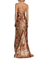 Strapless Applique Brocade Gown