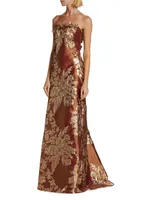 Strapless Applique Brocade Gown