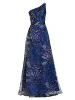 Butterfly-Print Organza One-Shoulder Gown