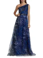 Butterfly-Print Organza One-Shoulder Gown