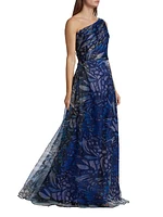 Butterfly-Print Organza One-Shoulder Gown