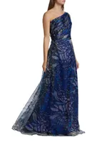 Butterfly-Print Organza One-Shoulder Gown