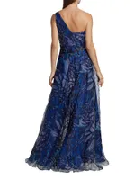 Butterfly-Print Organza One-Shoulder Gown