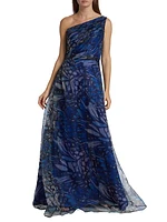 Butterfly-Print Organza One-Shoulder Gown