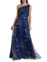 Butterfly-Print Organza One-Shoulder Gown