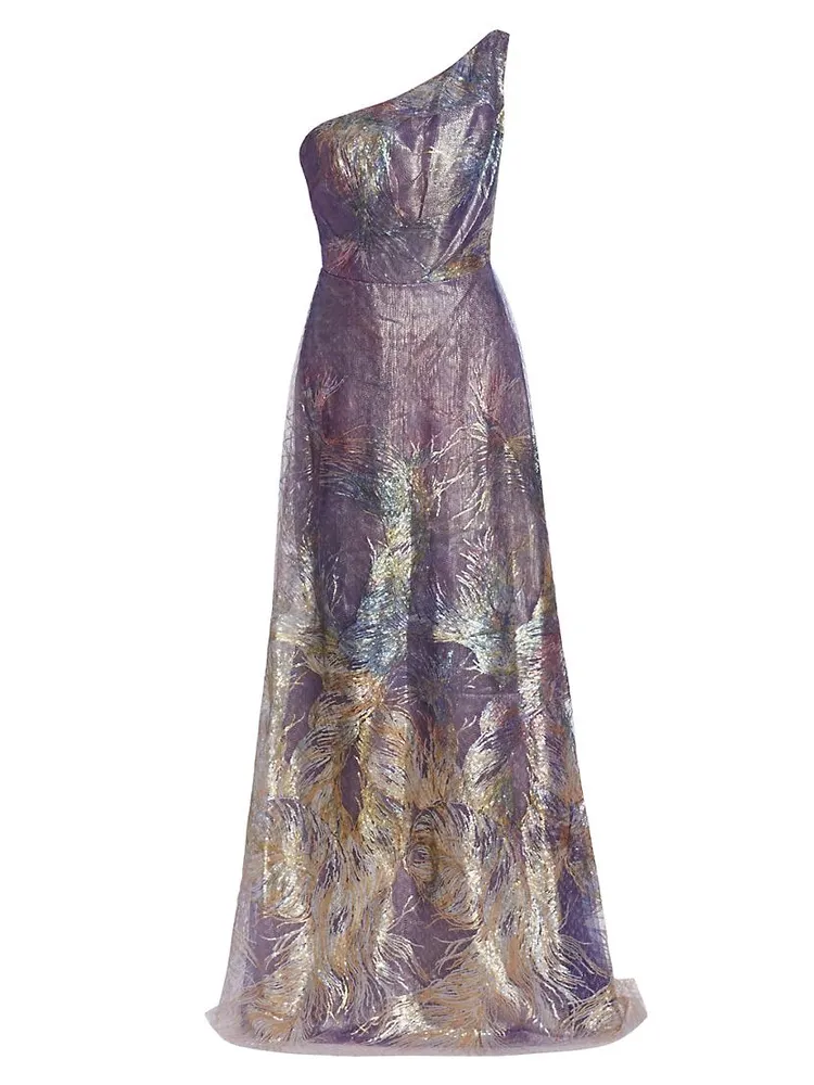 One-Shoulder Feather Brocade Gown