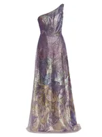 One-Shoulder Feather Brocade Gown