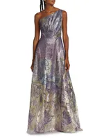 One-Shoulder Feather Brocade Gown