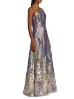 One-Shoulder Feather Brocade Gown