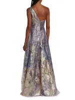 One-Shoulder Feather Brocade Gown