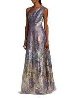 One-Shoulder Feather Brocade Gown