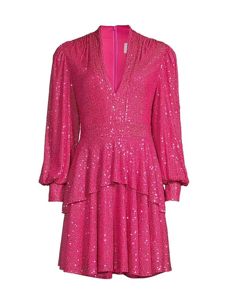 Sequined Long-Sleeve Tiered Minidress