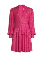 Sequined Long-Sleeve Tiered Minidress