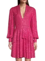 Sequined Long-Sleeve Tiered Minidress