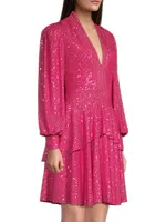 Sequined Long-Sleeve Tiered Minidress