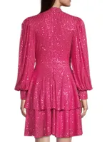 Sequined Long-Sleeve Tiered Minidress