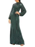 Ieena Sequined Bishop-Sleeve Gown