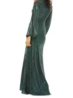 Ieena Sequined Bishop-Sleeve Gown