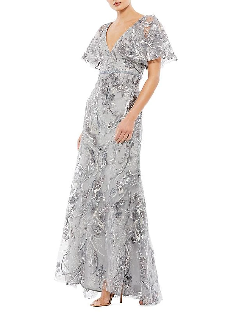 Beaded Mesh Trumpet Gown