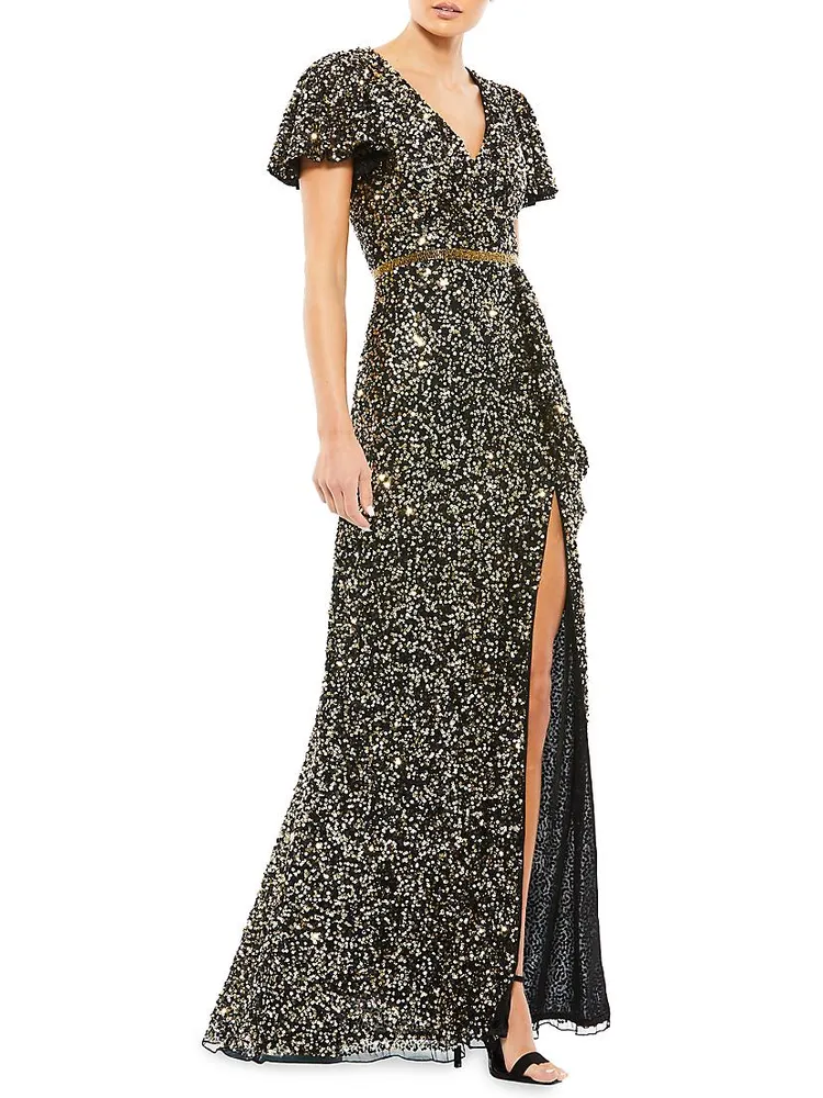 Sequined Butterfly-Sleeve Gown