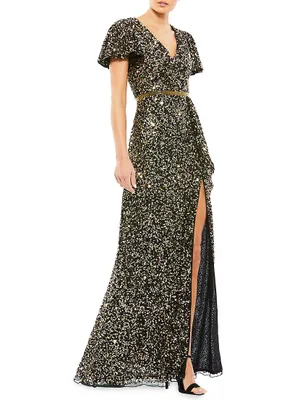 Sequined Butterfly-Sleeve Gown