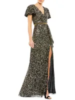 Sequined Butterfly-Sleeve Gown