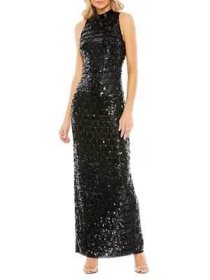 Sequin Grid Column Gown