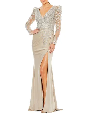 Embellished Puff-Sleeve Wrap-Effect Gown