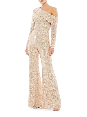 Ieena Sequin One-Shoulder Long-Sleeve Jumpsuit