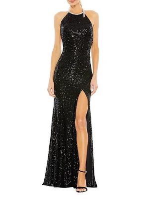 Ieena Sequin High-Neck Rhinestone-Trim Column Gown