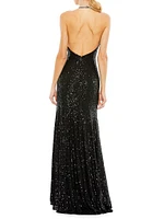 Ieena Sequin High-Neck Rhinestone-Trim Column Gown