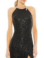 Ieena Sequin High-Neck Rhinestone-Trim Column Gown