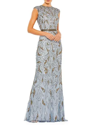 Embellished Illusion Cap-Sleeve Column Gown