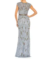 Embellished Illusion Cap-Sleeve Column Gown