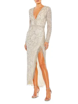 Embellished Long-Sleeve V-Neck Beaded-Hem Gown