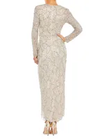 Embellished Long-Sleeve V-Neck Beaded-Hem Gown