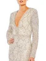 Embellished Long-Sleeve V-Neck Beaded-Hem Gown