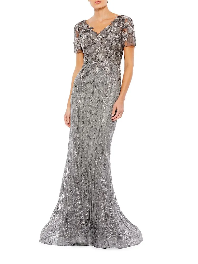 Embellished V-Neck Cap-Sleeve Trumpet Gown