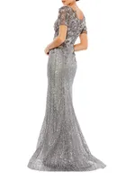 Embellished V-Neck Cap-Sleeve Trumpet Gown