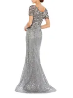 Embellished V-Neck Cap-Sleeve Trumpet Gown