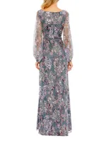 Embellished Illusion Long-Sleeve Faux-Wrap Gown