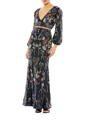 Embellished Wrap-Over Bishop-Sleeve Gown