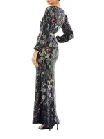 Embellished Wrap-Over Bishop-Sleeve Gown