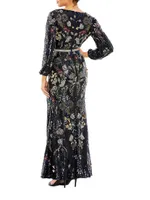 Embellished Wrap-Over Bishop-Sleeve Gown