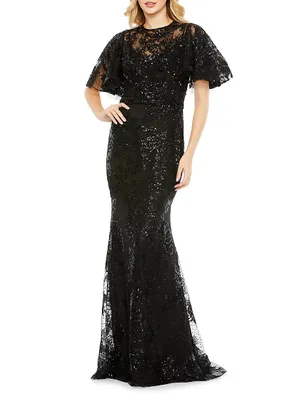 Embellished Flutter-Sleeve High-Neck Gown