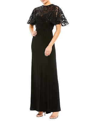 Embellished Butterfly-Sleeve Gown