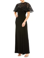 Embellished Butterfly-Sleeve Gown