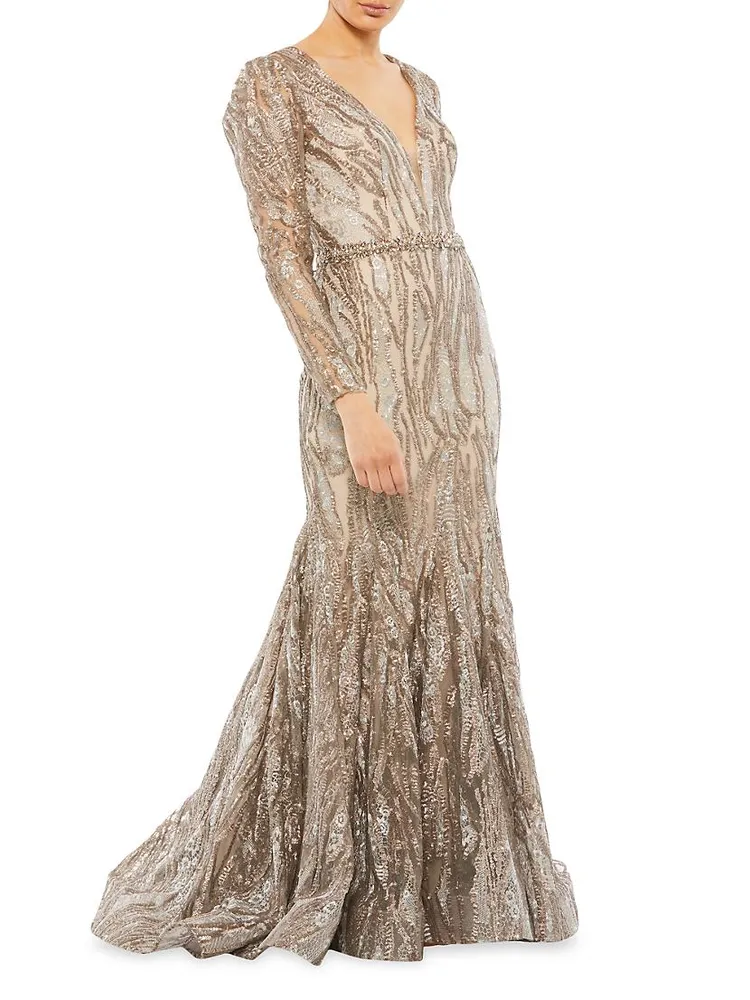 Embellished Long-Sleeve Plunge-Neck Trumpet Gown